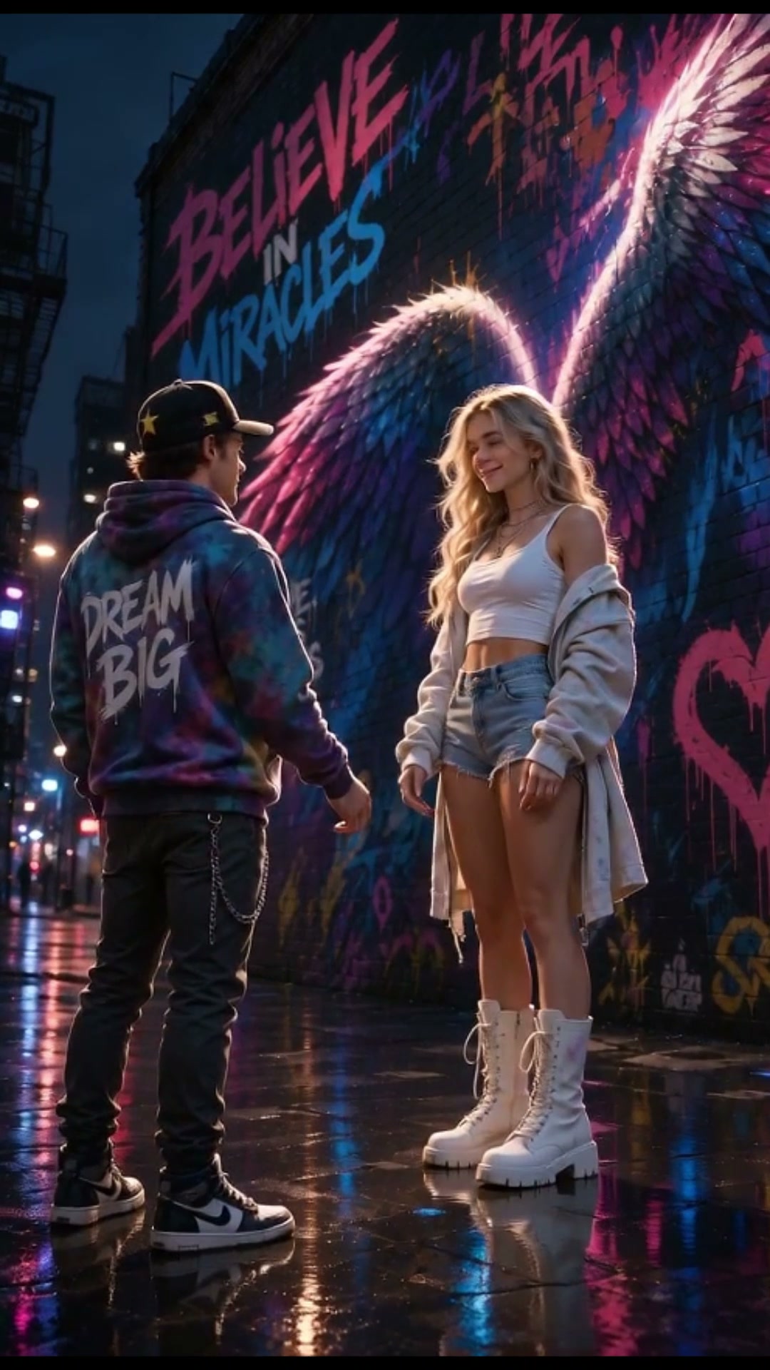 Young couple facing each other beside glowing angel wing graffiti on a wet night city street, ins...