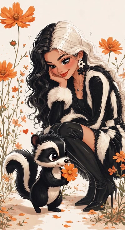 Stylized anime girl with split black-white hair sits beside a cute chibi skunk holding an orange ...