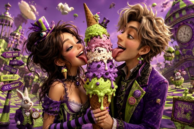 Whimsical fantasy couple licking a giant stacked ice cream cone in a surreal Alice in Wonderland ...