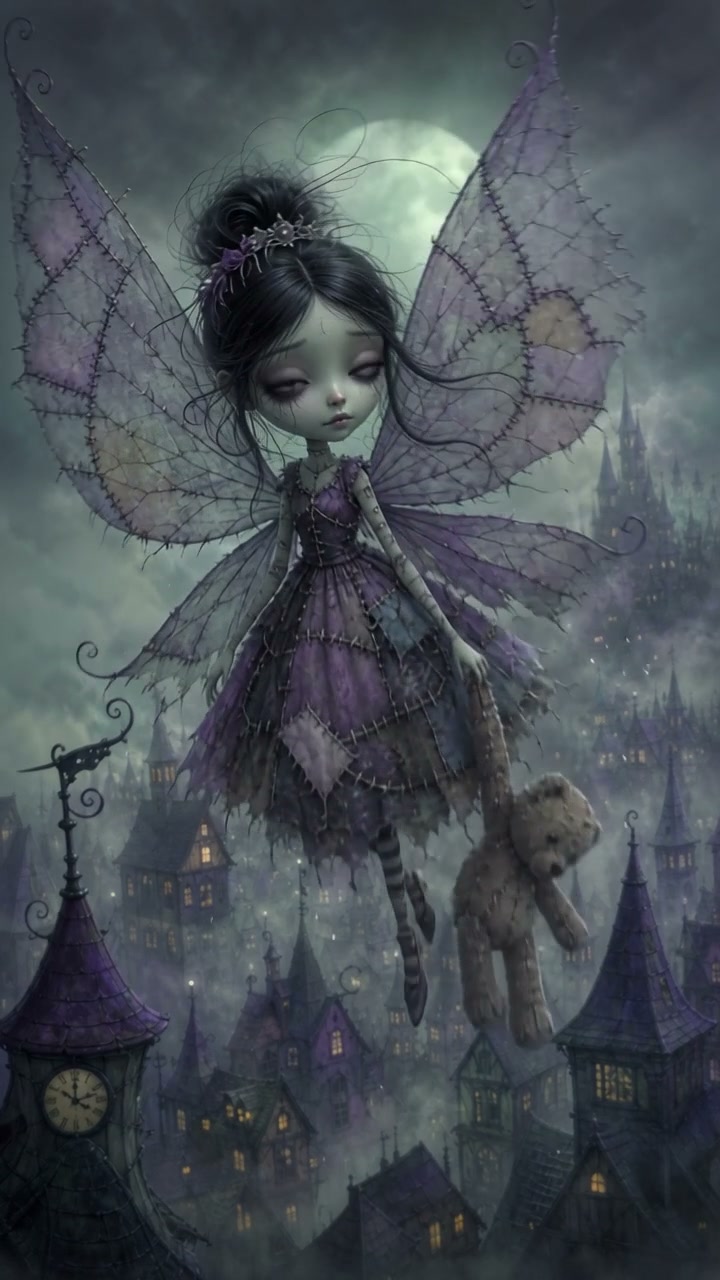 Melancholic gothic fairy with stitched tattered wings holds a worn teddy bear, floating over mist...