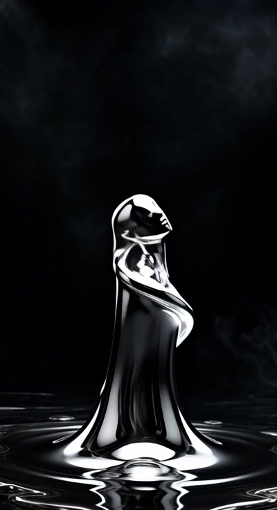 Reflective liquid chrome hooded humanoid rises from rippling dark water against a smoky black bac...