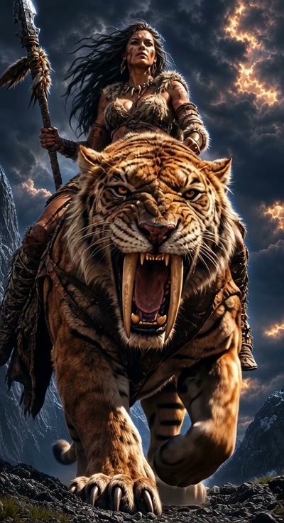 Fierce female tribal warrior holding a spear rides a roaring saber-tooth tiger under a stormy lig...