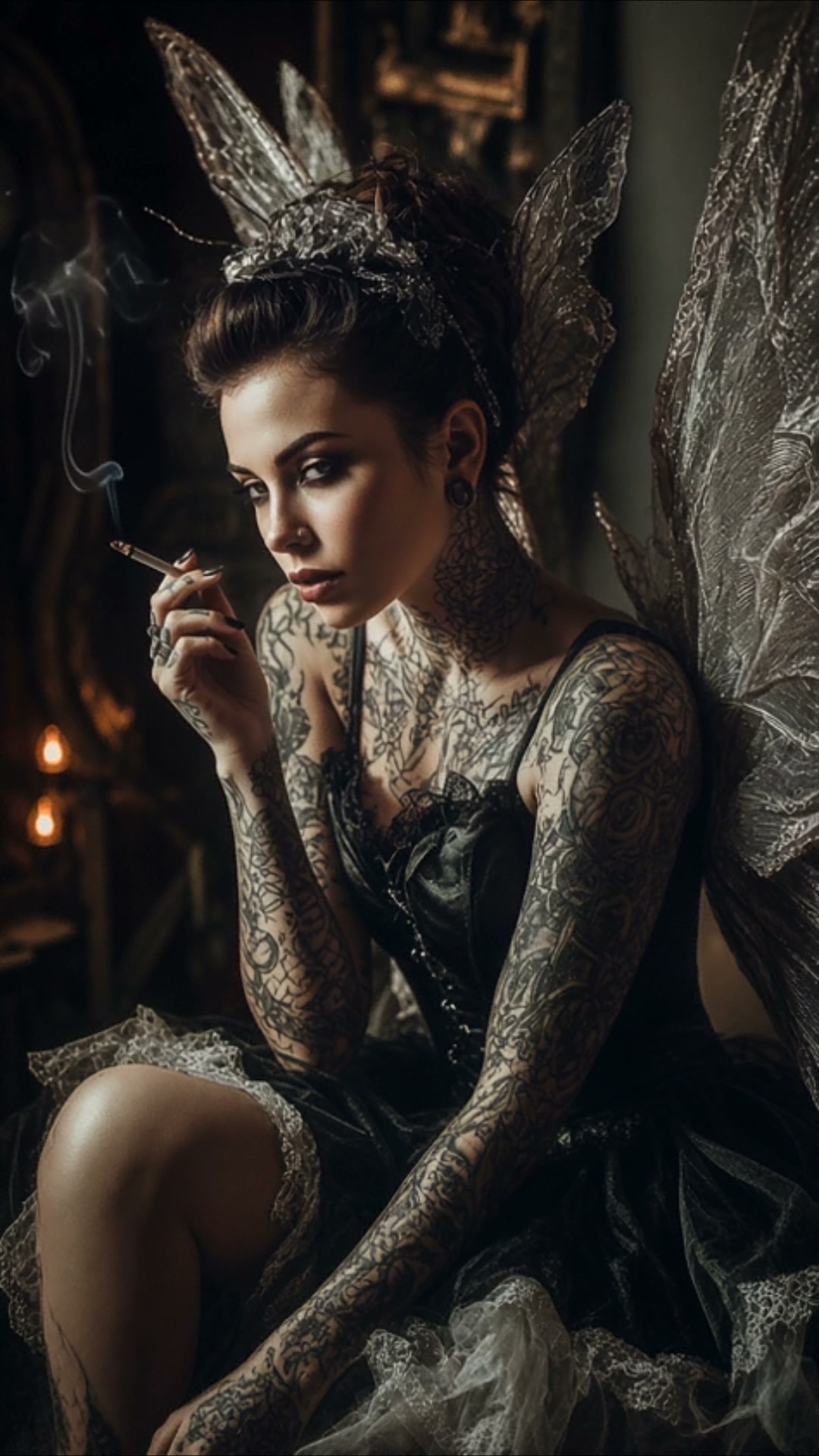 Heavily tattooed gothic fairy with iridescent crystal wings holds a lit cigarette in a moody dark...