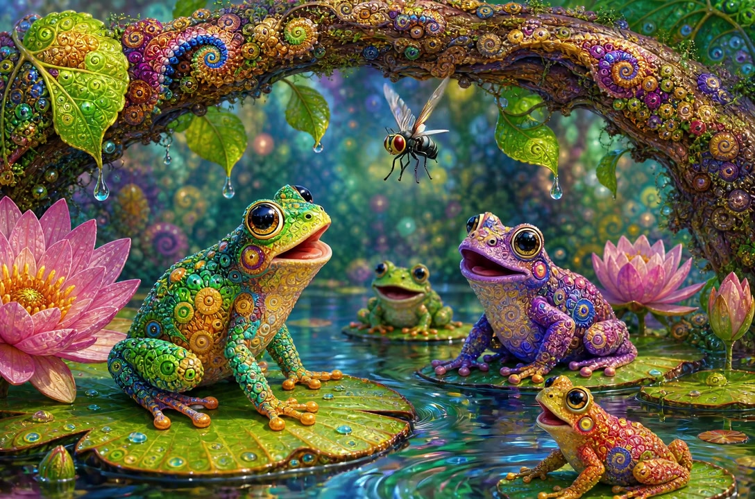 Intricate jeweled colorful frogs sit on lily pads in a magical enchanted pond, beneath an ornate ...