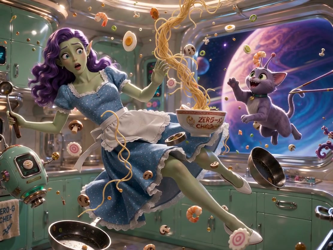 Flustered green alien housewife floats weightless in a spaceship kitchen, surrounded by floating ...
