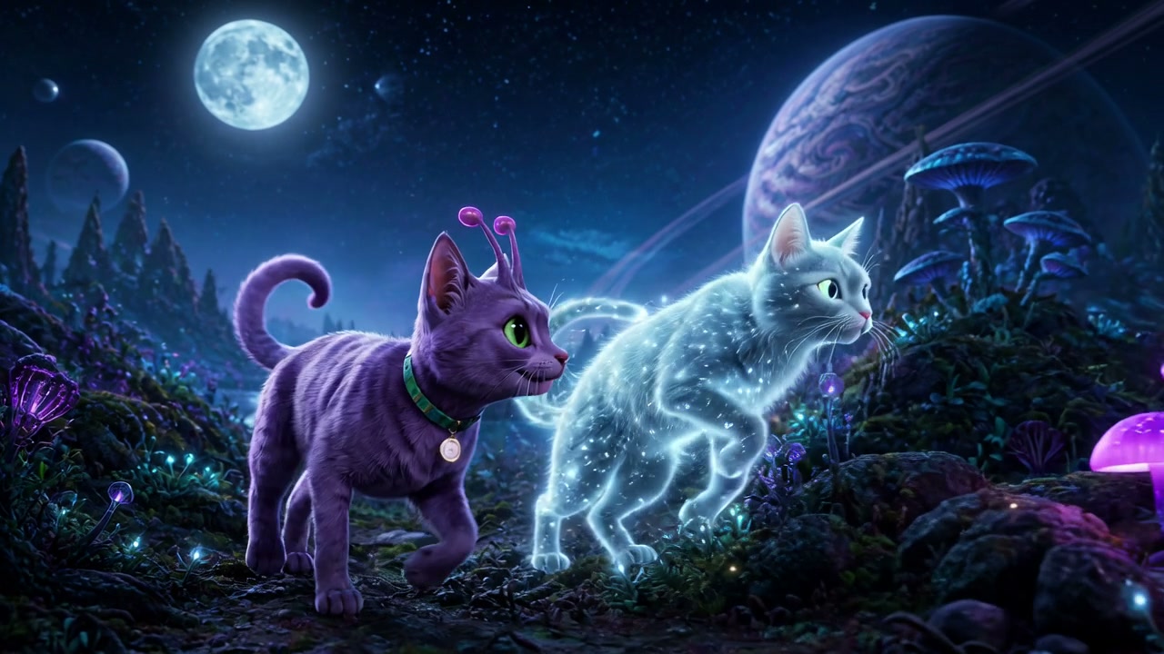 Purple alien cat with antennae walks beside glowing ethereal spirit cat in a moonlit bioluminesce...