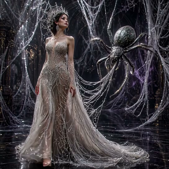 Regal spider queen in a beaded cobweb gown stands beside a giant jeweled spider in a web-draped d...