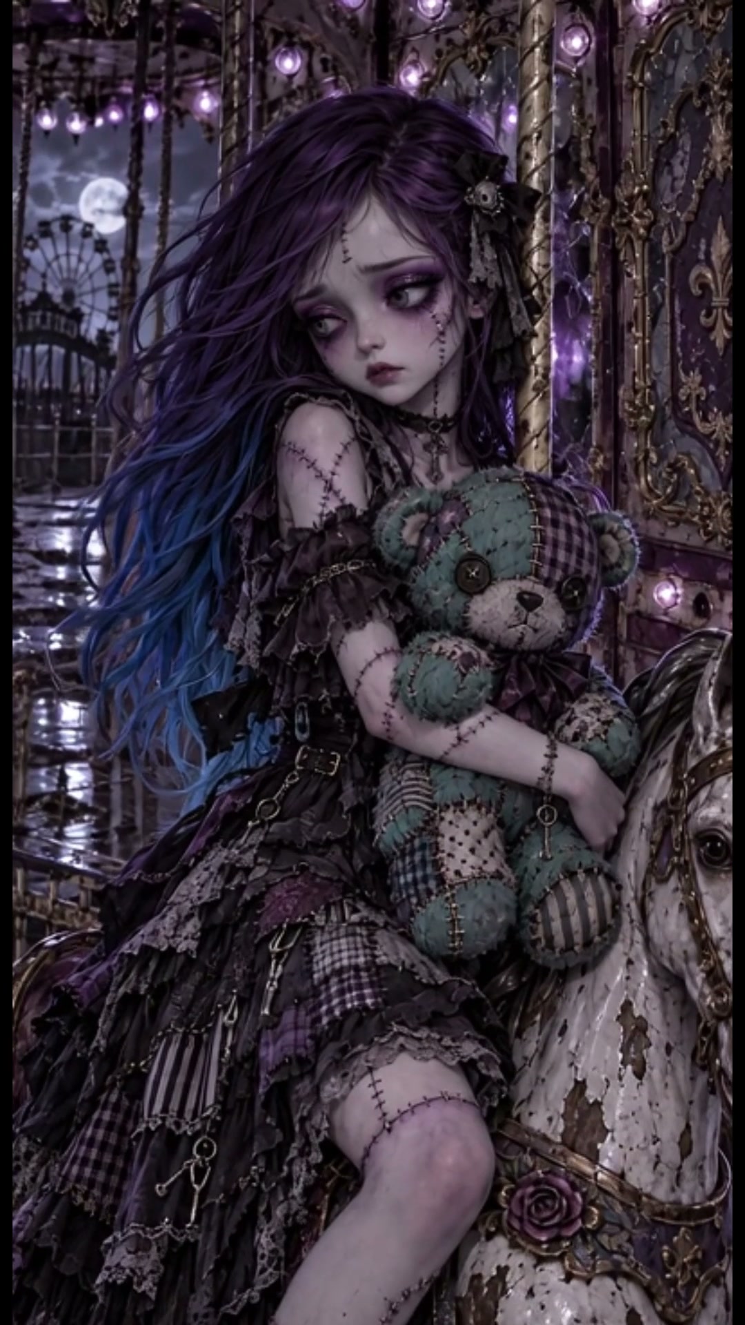 [Sorrowful stitched gothic doll with purple-blue hair holds a patchwork teddy while seated on a spooky vintage night carou...