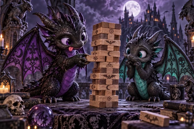 Two adorable chibi gothic baby dragons play custom Jenga on a moonlit haunted castle balcony.