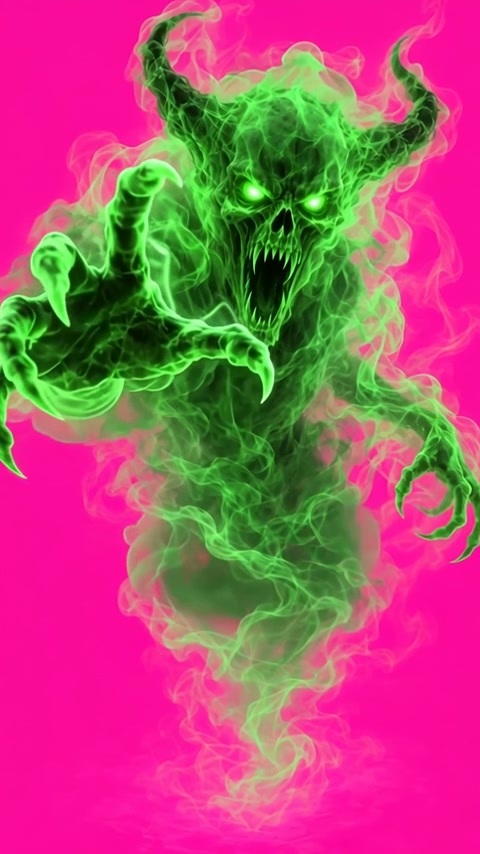 Wispy glowing green horned demon spirit reaches toward the viewer against a vivid hot pink backgr...