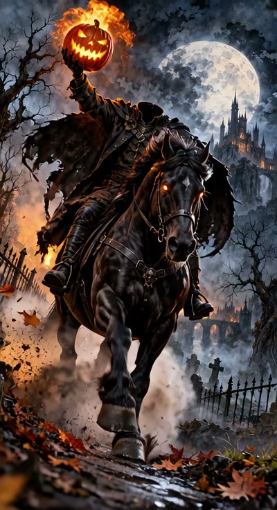Headless horseman rides a glowing-eyed black horse while holding a flaming jack-o-lantern under a...