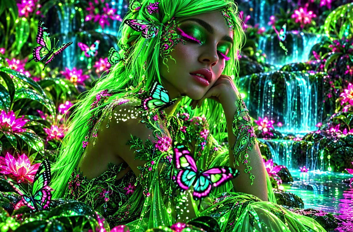 Ethereal green-haired forest nymph rests surrounded by glowing butterflies beside a magical luminous waterfall