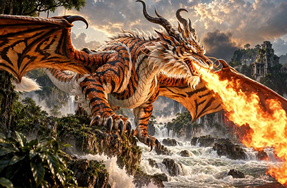 Winged tiger-striped fantasy dragon breathes fire while perched on a cliff above a jungle waterfa...