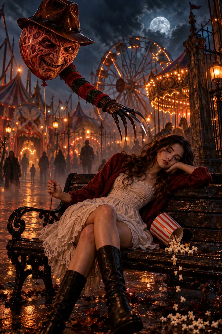 Young woman asleep on a carnival bench holds a Freddy Krueger shaped balloon at a spooky moonlit ...