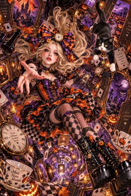 Halloween themed Alice in Wonderland reaches toward the viewer amid floating surreal wonderland i...