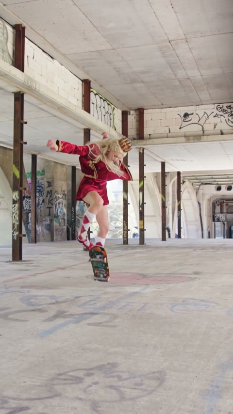 Cosplayer in a royal king costume performs a mid-air skateboard trick in a graffiti-covered concr...