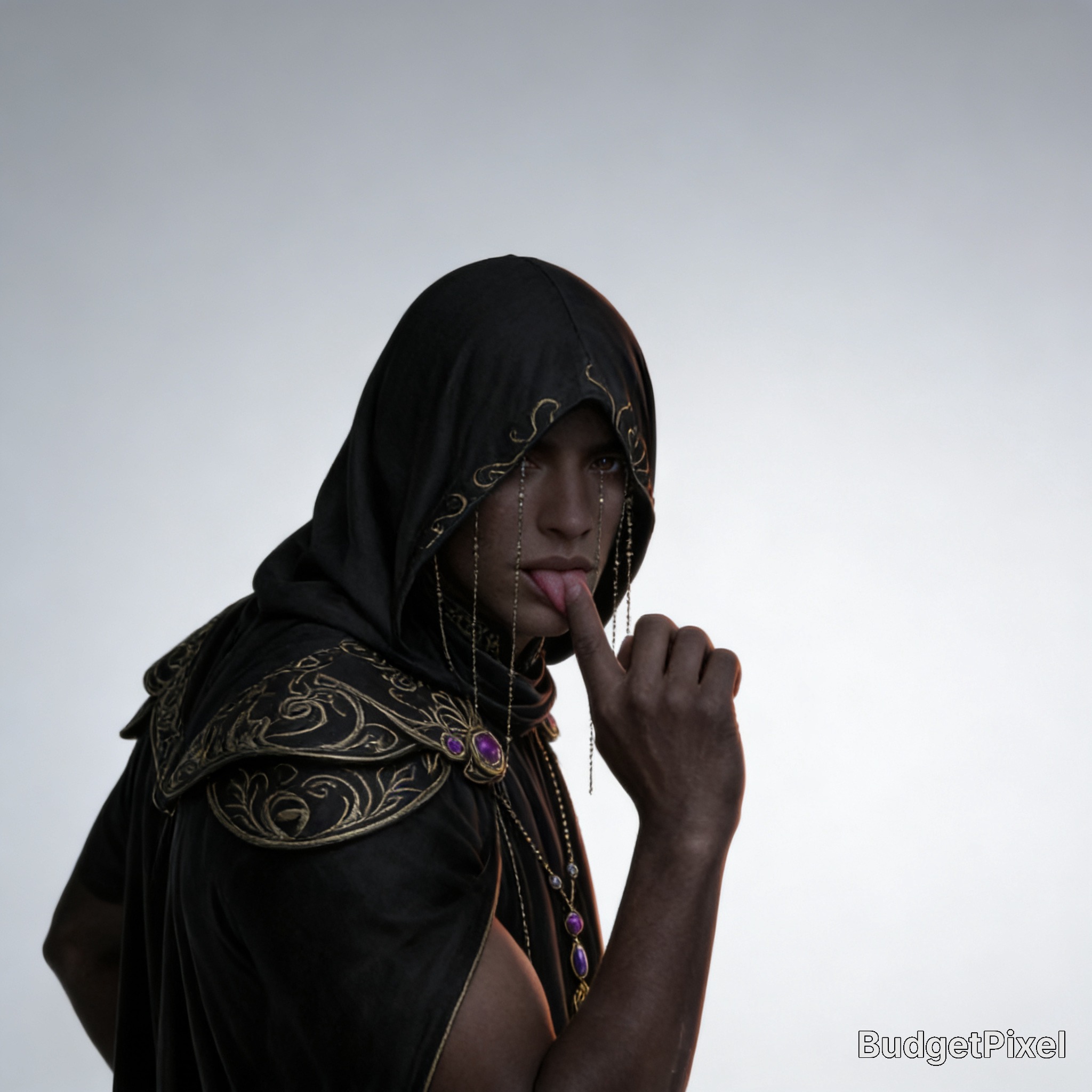 Person in a black hooded cloak with gold embroidery and purple gems, finger to lips in a mysterious pose.