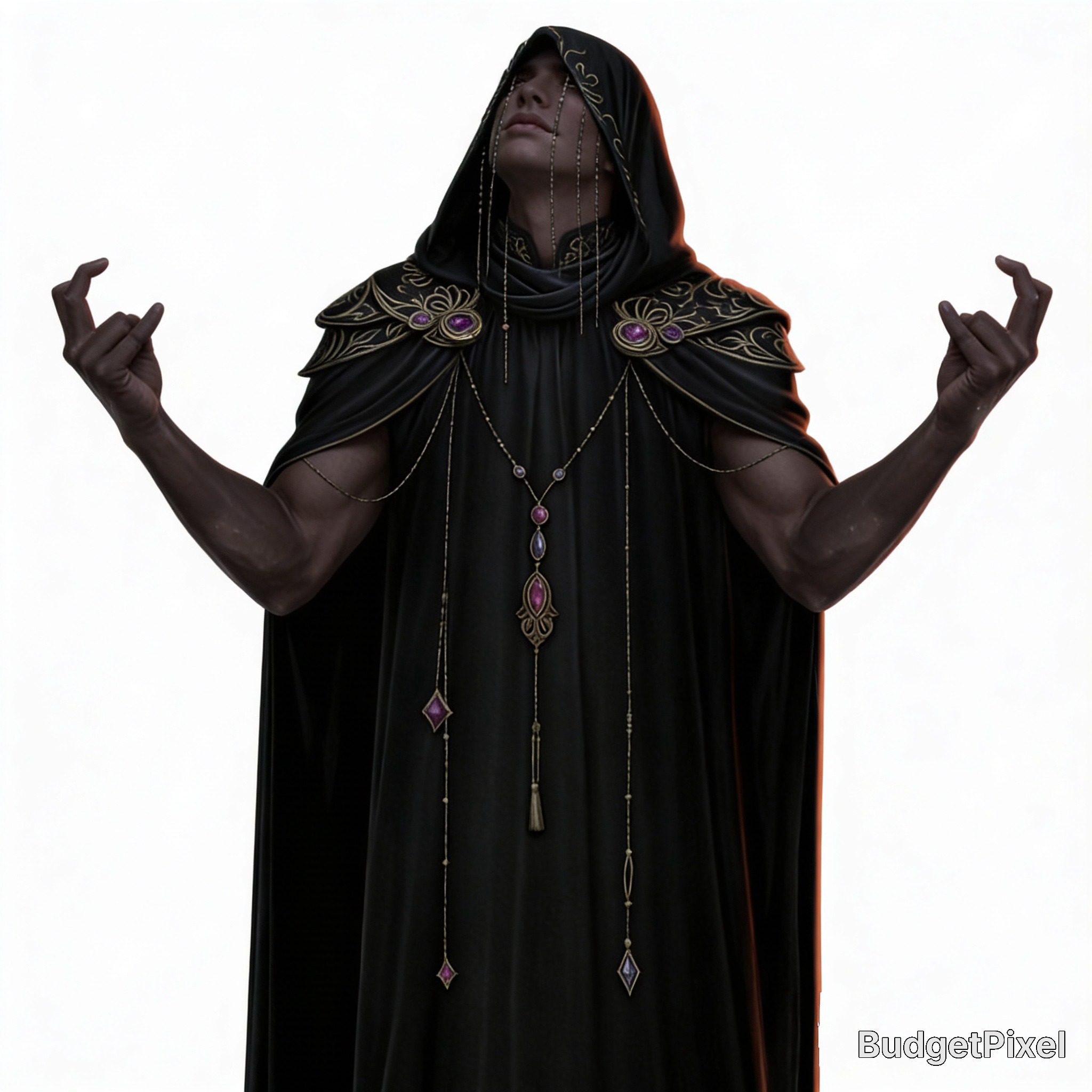 Hooded, jewelry-adorned fantasy figure with outstretched arms in a dark robe.