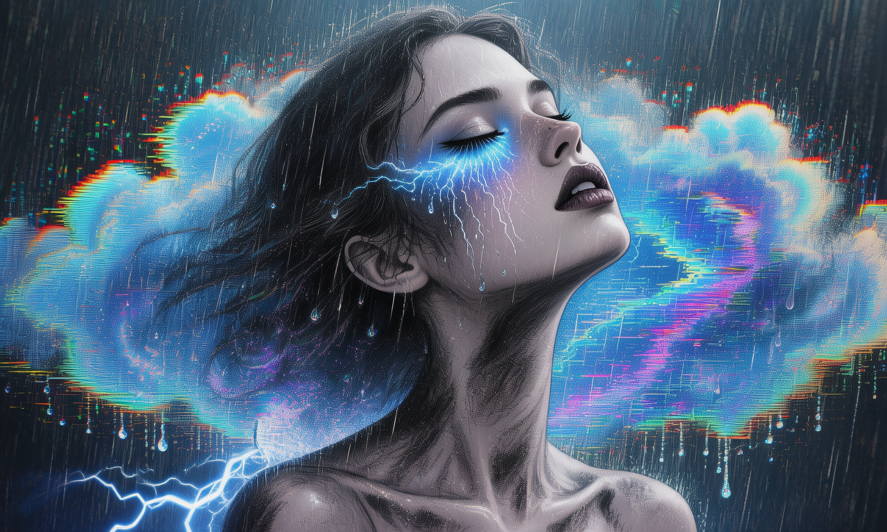 Surreal digital portrait of a woman with neon storm clouds, rain, and blue lightning.