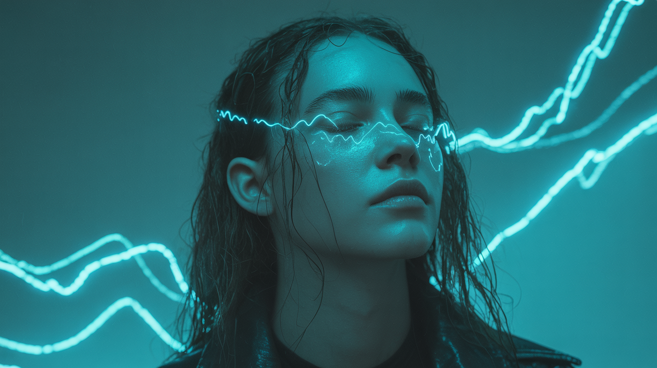 Woman with wet hair in blue neon light streaks across her face, moody cyberpunk vibe.