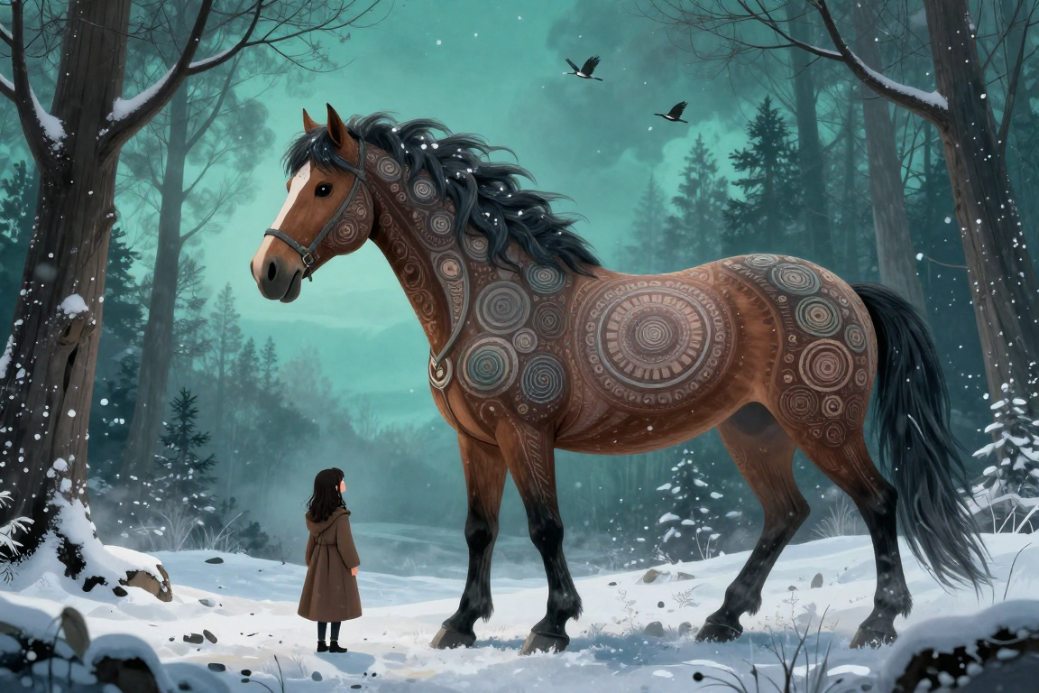 A large ornate horse with circular tribal patterns in a snowy forest, facing a small girl in a brown coat.