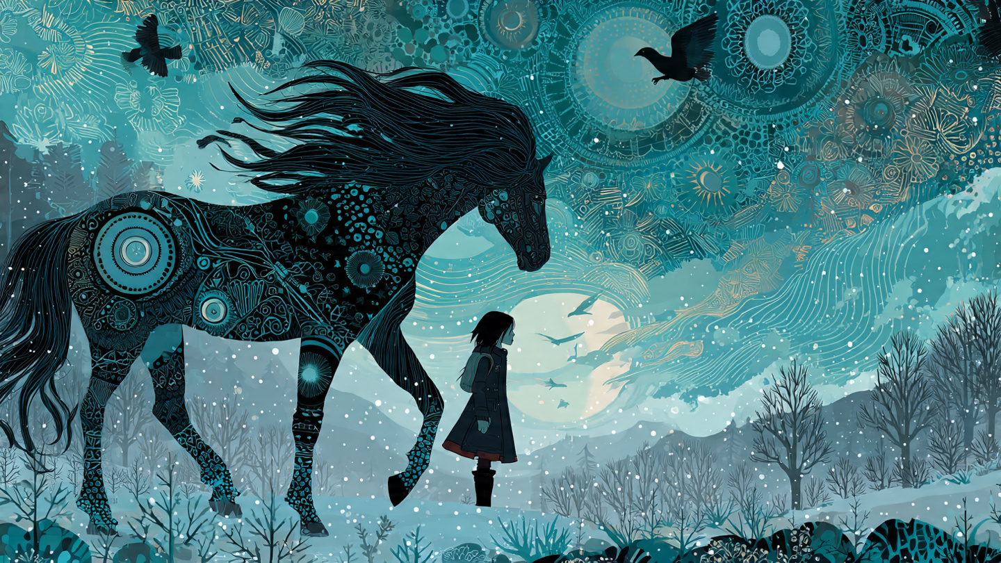 Silhouetted girl in a winter coat faces a large, intricately patterned horse under a teal night sky.