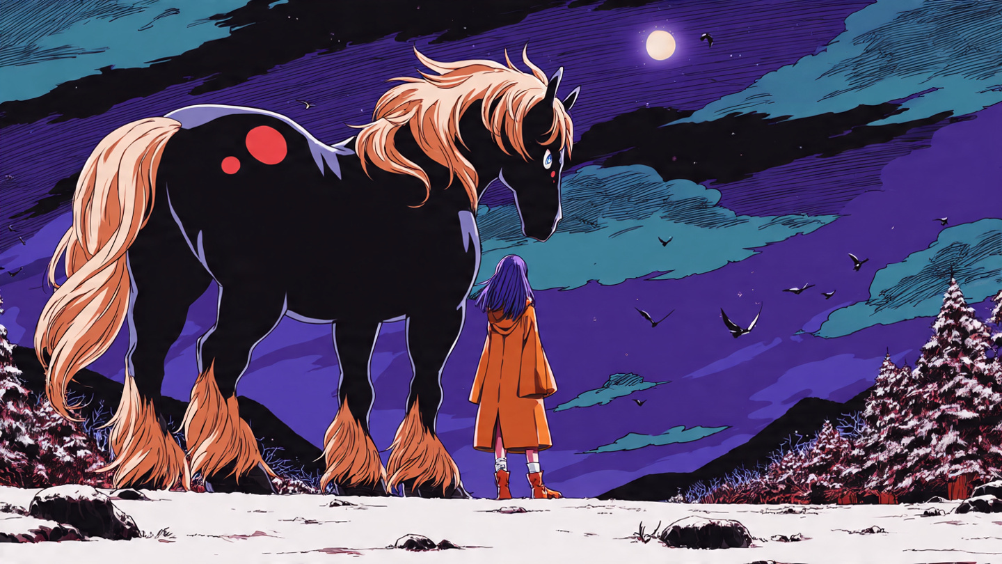 A large black horse with a golden mane stands beside a girl in an orange cloak on a snowy night.