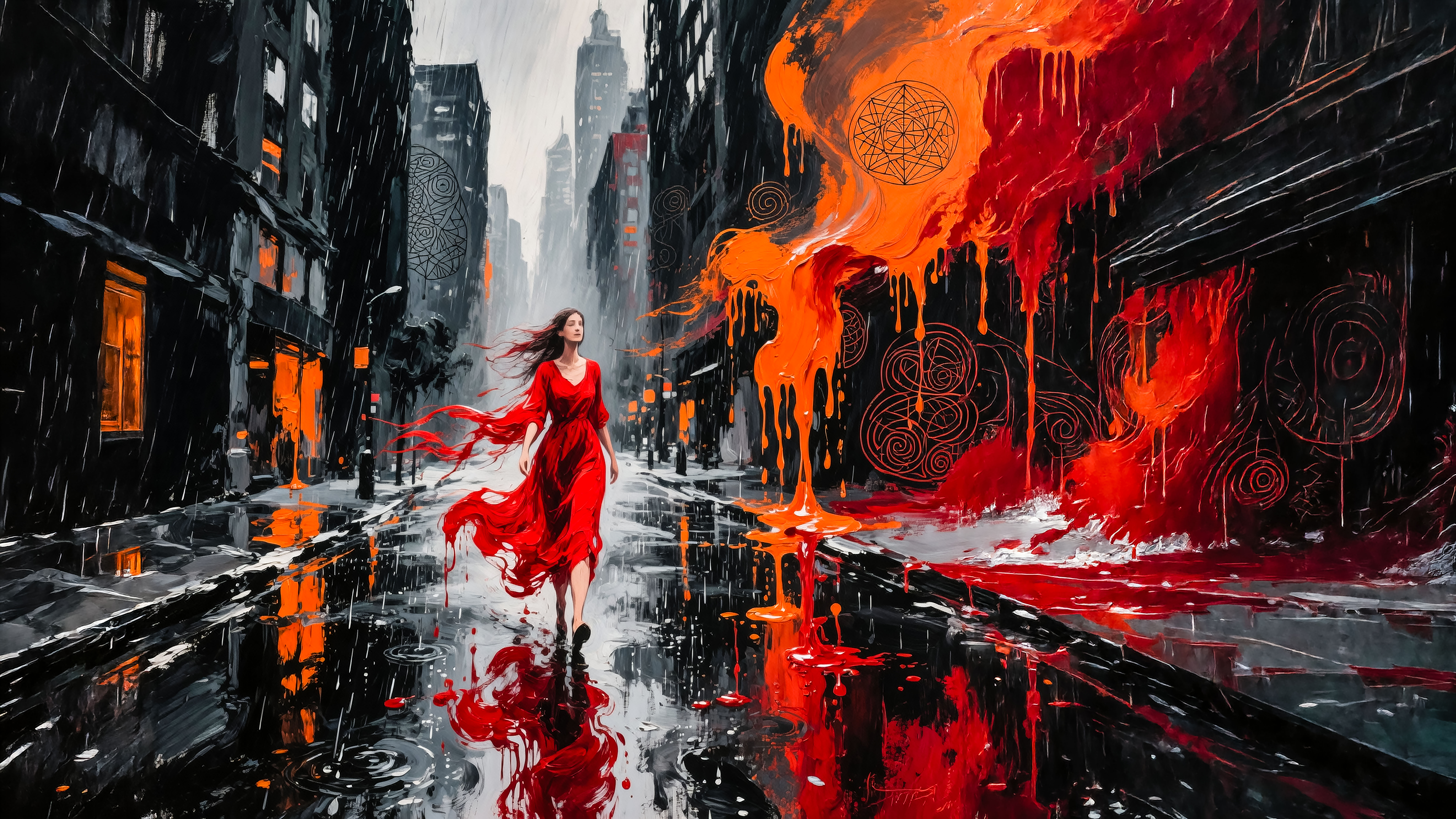 Woman in a flowing red dress walks down a rain-soaked city street with fiery orange-red mural art on the wall.