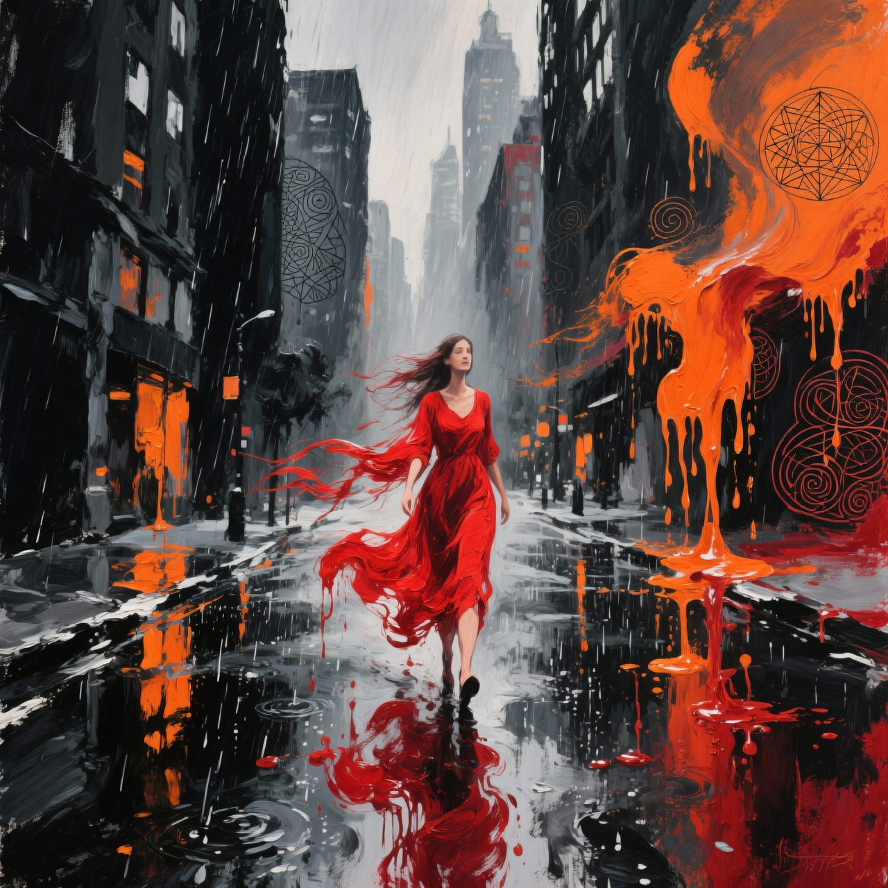 Woman in a flowing red dress walks through a rain-soaked, neon-lit city street with orange lava-like paint splashes.
