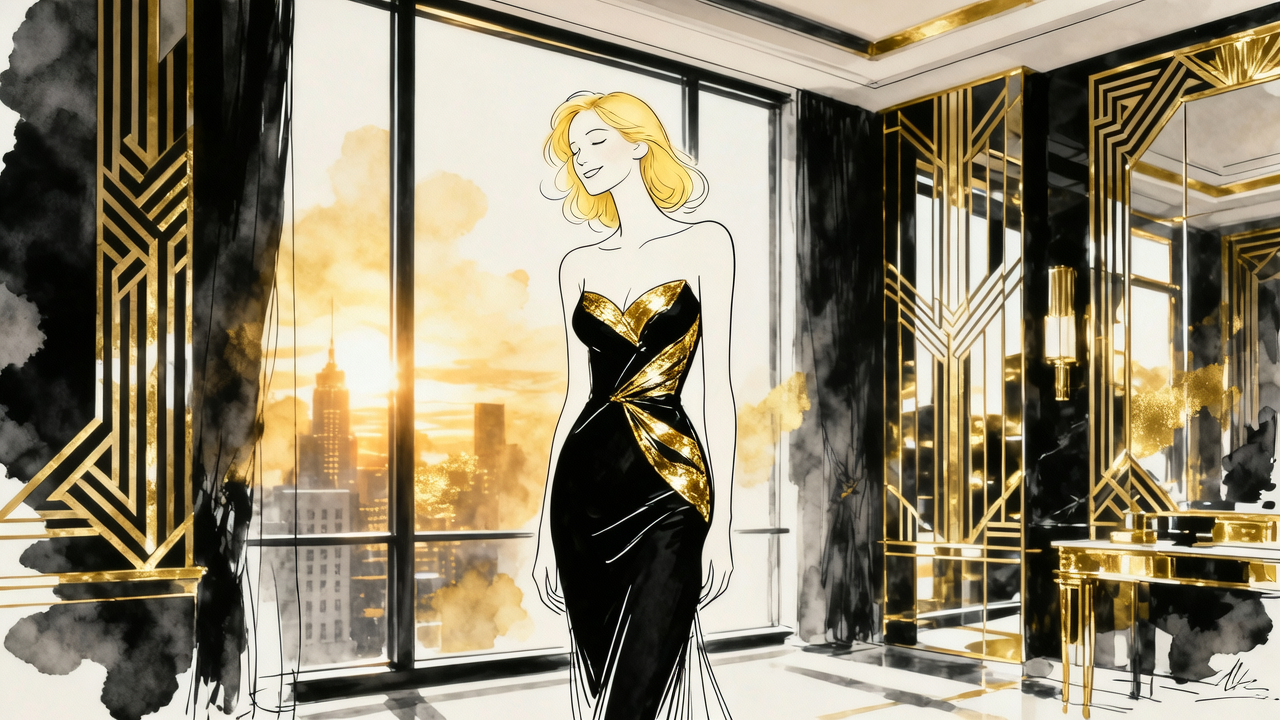 Illustration of a stylish woman in a black and gold gown inside a luxurious Art Deco room with a city skyline view.