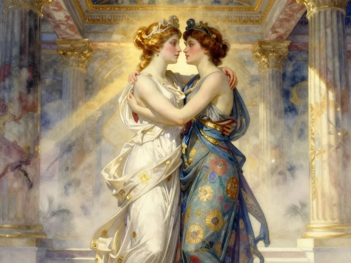 Two draped women embrace in a grand columned hall with gold accents and soft sunlight.