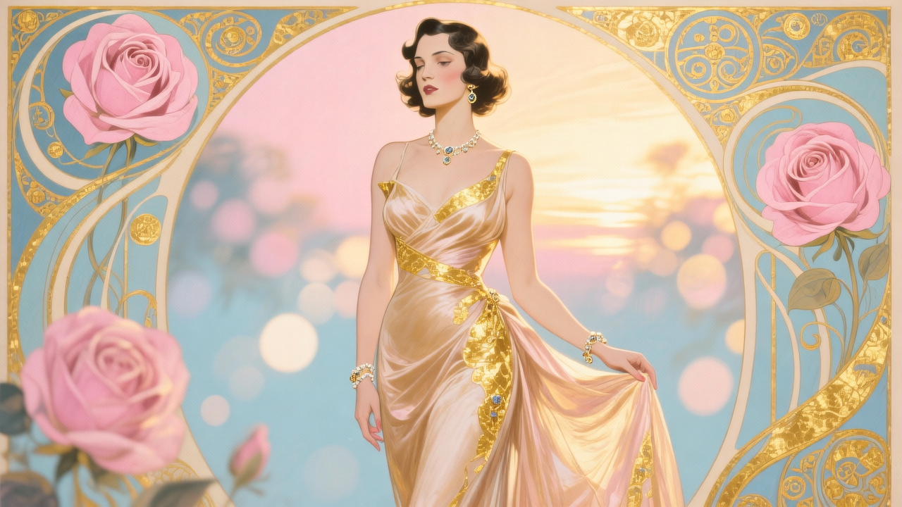 Elegant woman in a gold satin gown framed by ornate rose motifs in an art nouveau style.