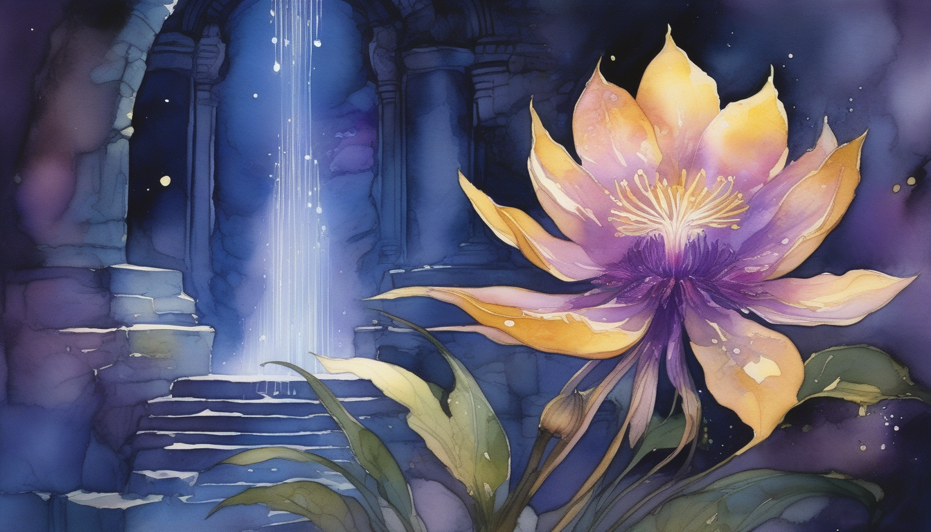 Watercolor painting of a large lotus flower beside ancient ruins and a glowing waterfall.