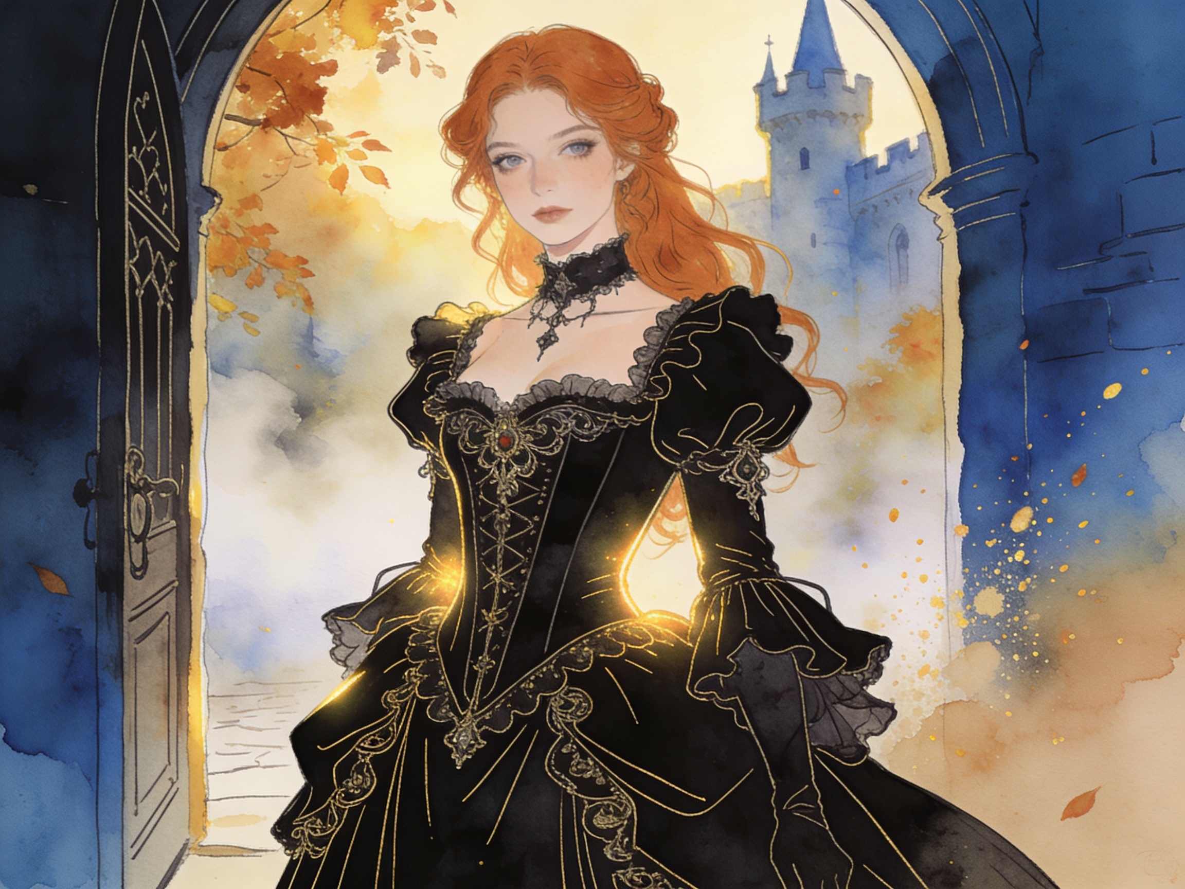 Elegant red-haired woman in a black Victorian gown with gold embroidery stands in a castle archway.