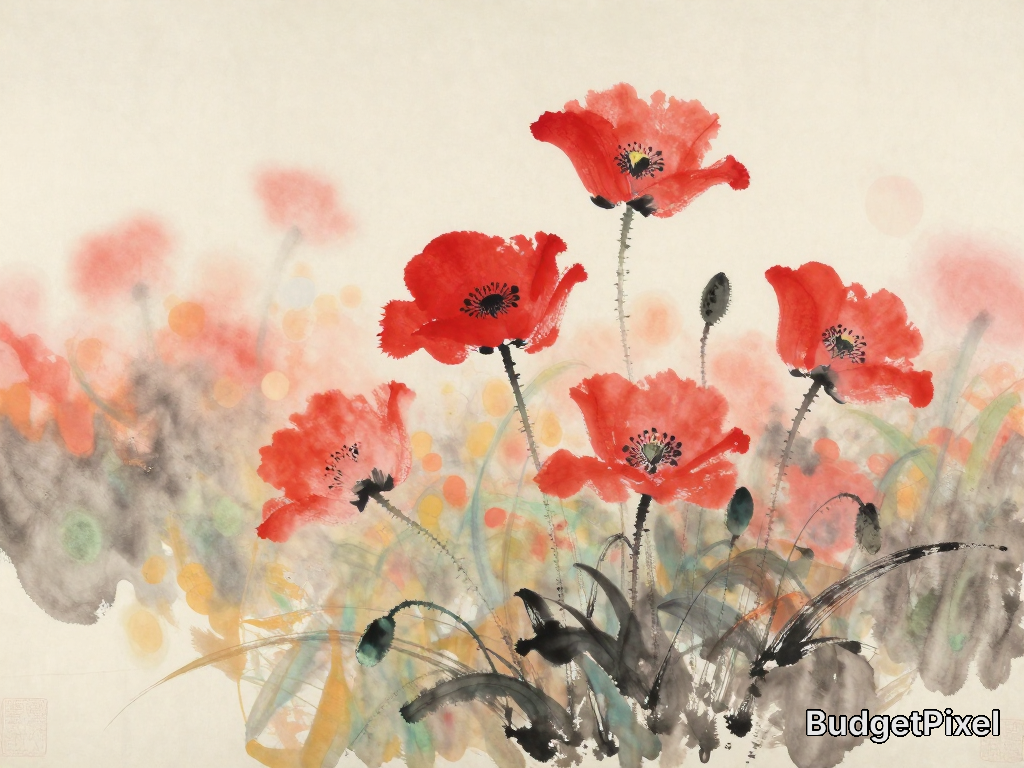 Watercolor painting of red poppies in a soft, airy field.