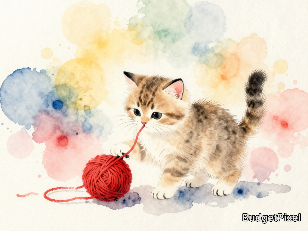 Watercolor illustration of a fluffy kitten playing with a red ball of yarn.