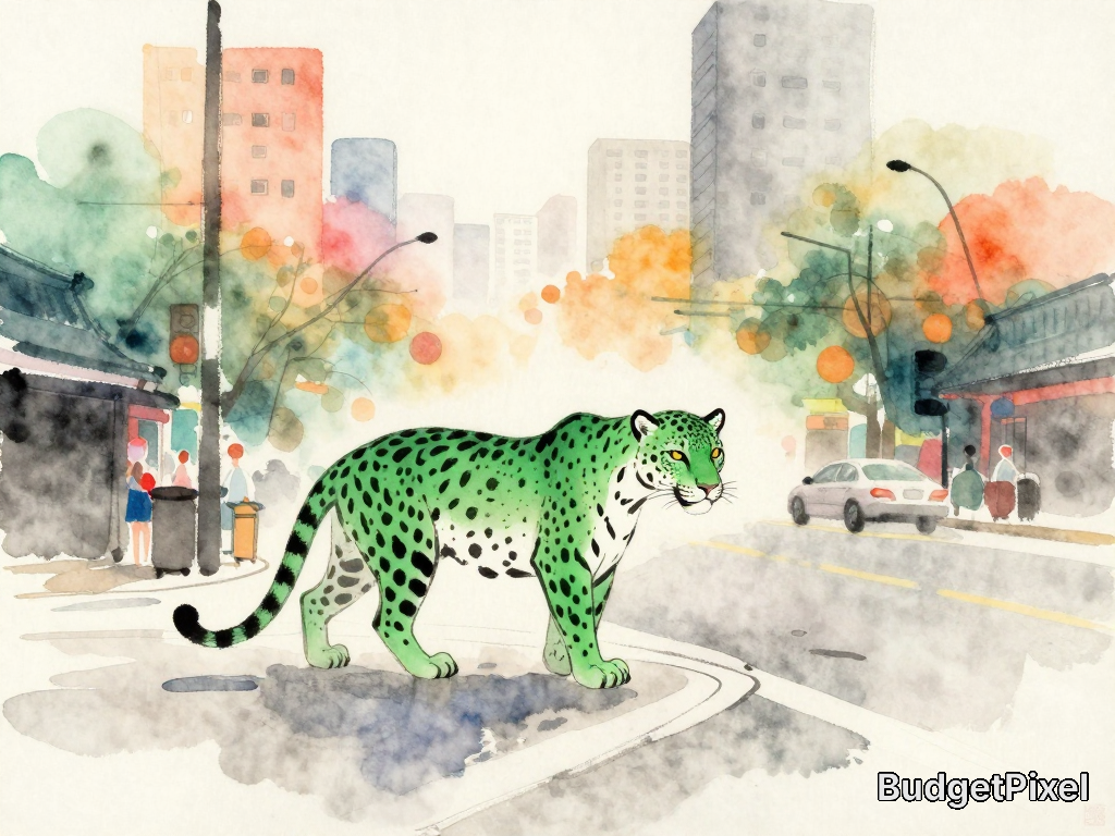 Watercolor green leopard walking across a city street with colorful trees and buildings.