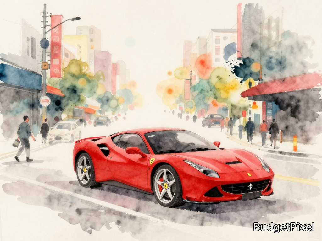 Red Ferrari sports car in a watercolor urban street scene.