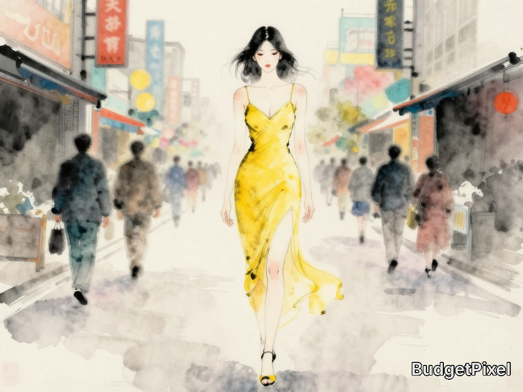 Woman in a yellow slip dress walking down a watercolor city street illustration.