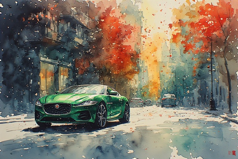 Green Jaguar sports car on an urban street painted in watercolor with autumn trees.