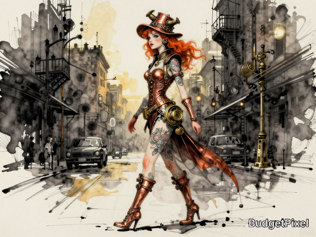 Steampunk female adventurer in copper armor and a tall hat walks through a grayscale urban street.