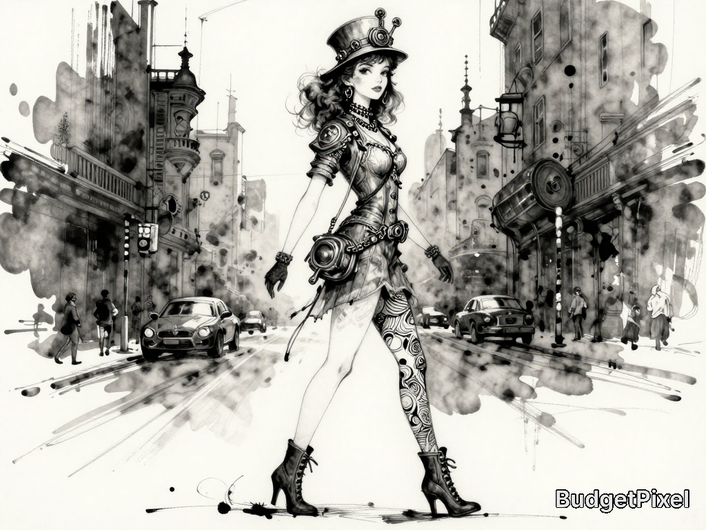 Steampunk woman in a corseted outfit with goggles and top hat walking down a grayscale city street.