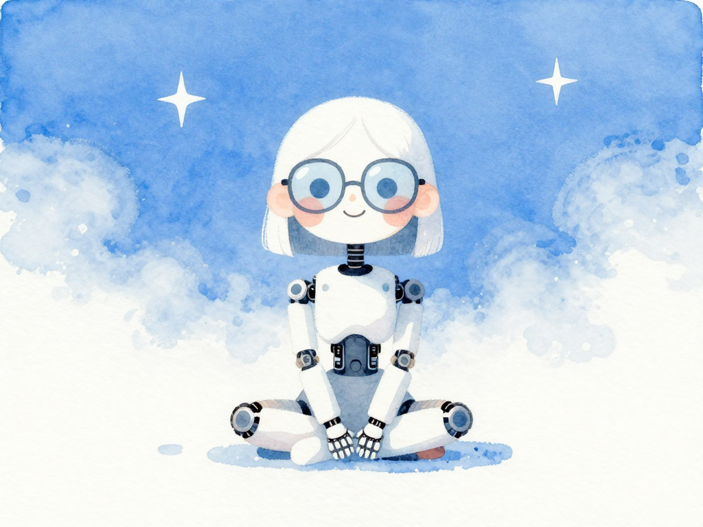 A friendly white robot with round glasses sits cross-legged in a snowy blue landscape.