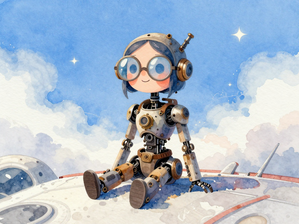 Cute cartoon girl in a steampunk robot suit sits on a spacecraft under a blue sky.