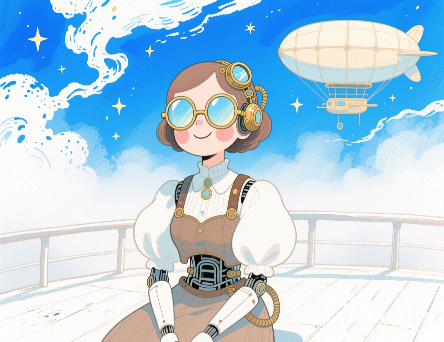 Anime-style steampunk girl with goggles on a wooden deck, with a airship in the blue sky.