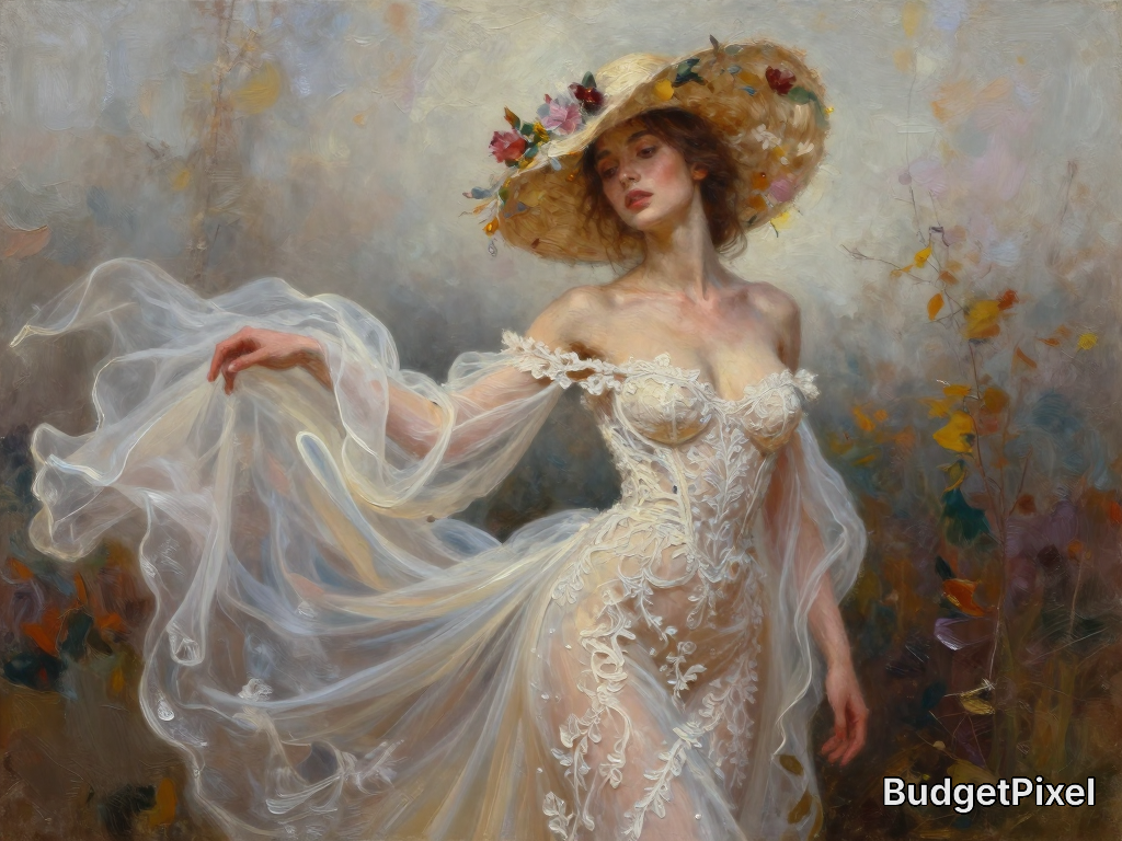 Elegant woman in a lace gown with flowing sheer fabric and a floral hat in a dreamy garden scene.