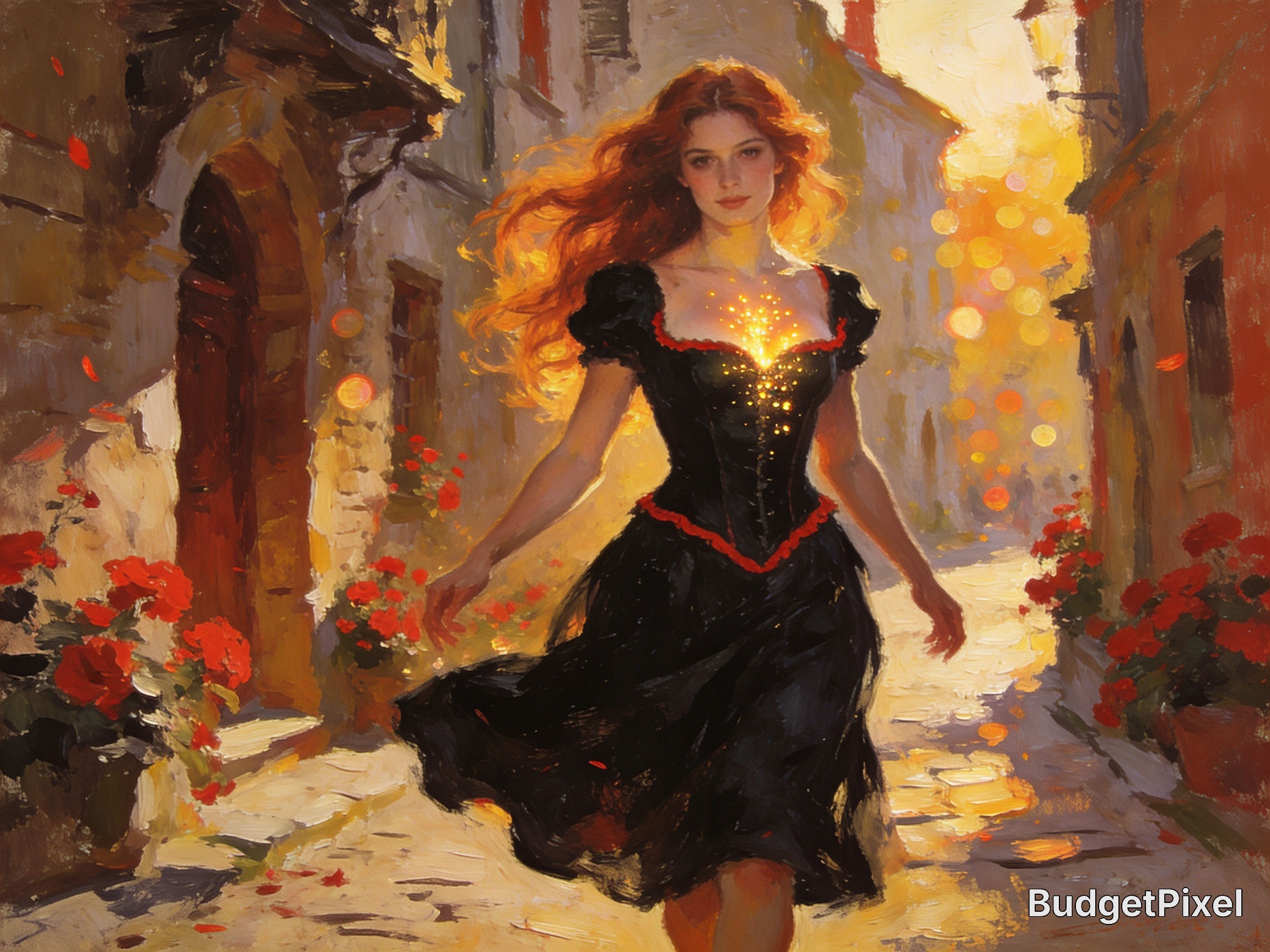 A woman in a black dress walks down a sunlit cobblestone alley with red flowers.