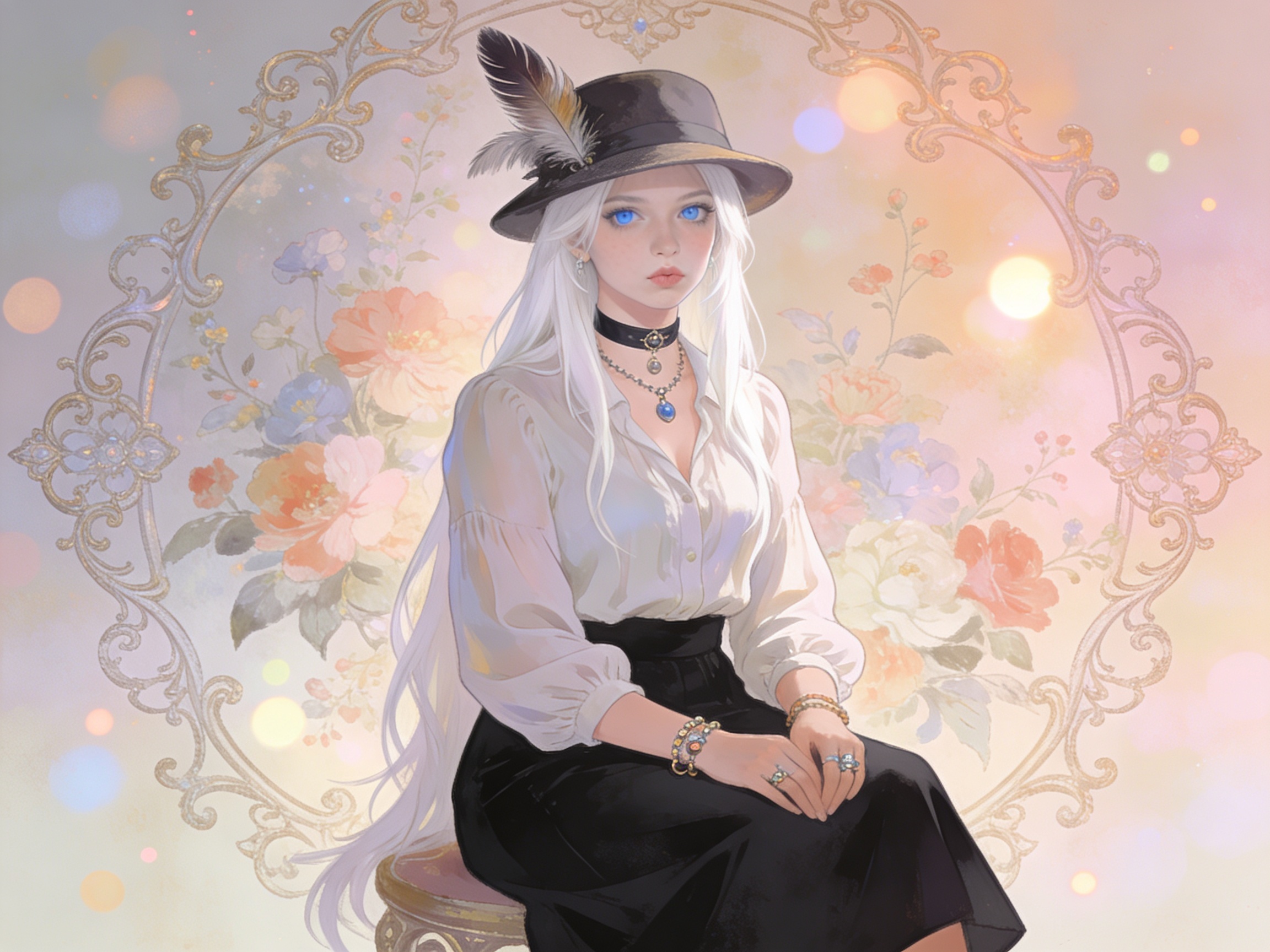 Stylized fantasy portrait of a pale-haired woman in a white blouse and black skirt wearing a feathered hat.