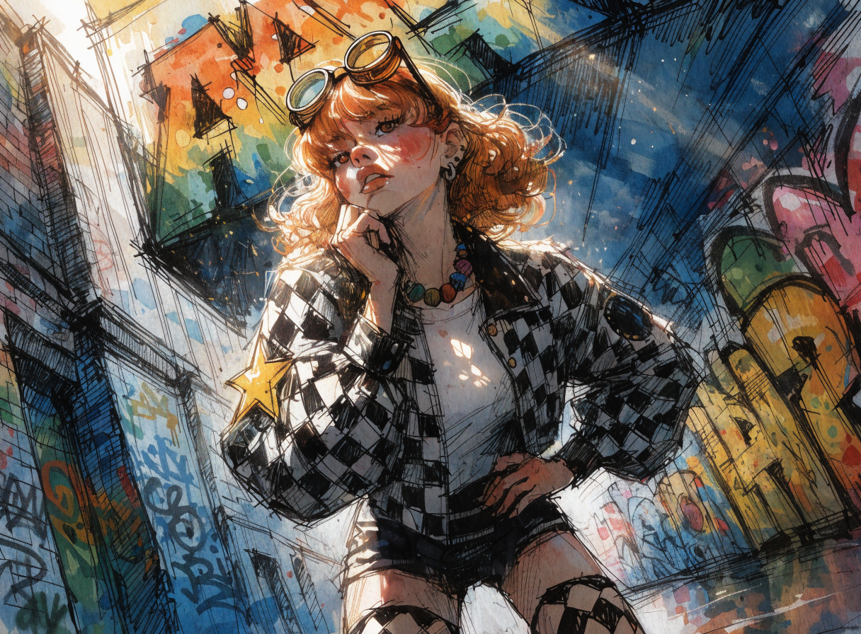 Stylish woman in a black-and-white checkered jacket with sunglasses amid vibrant urban graffiti.