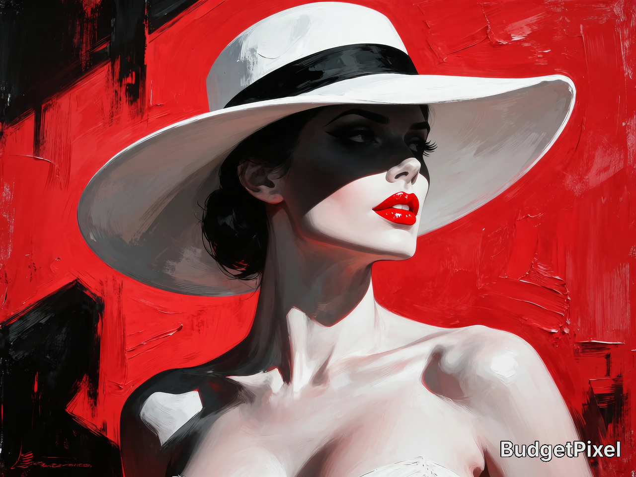 Woman wearing a wide white hat with red lips against a bold red abstract background.
